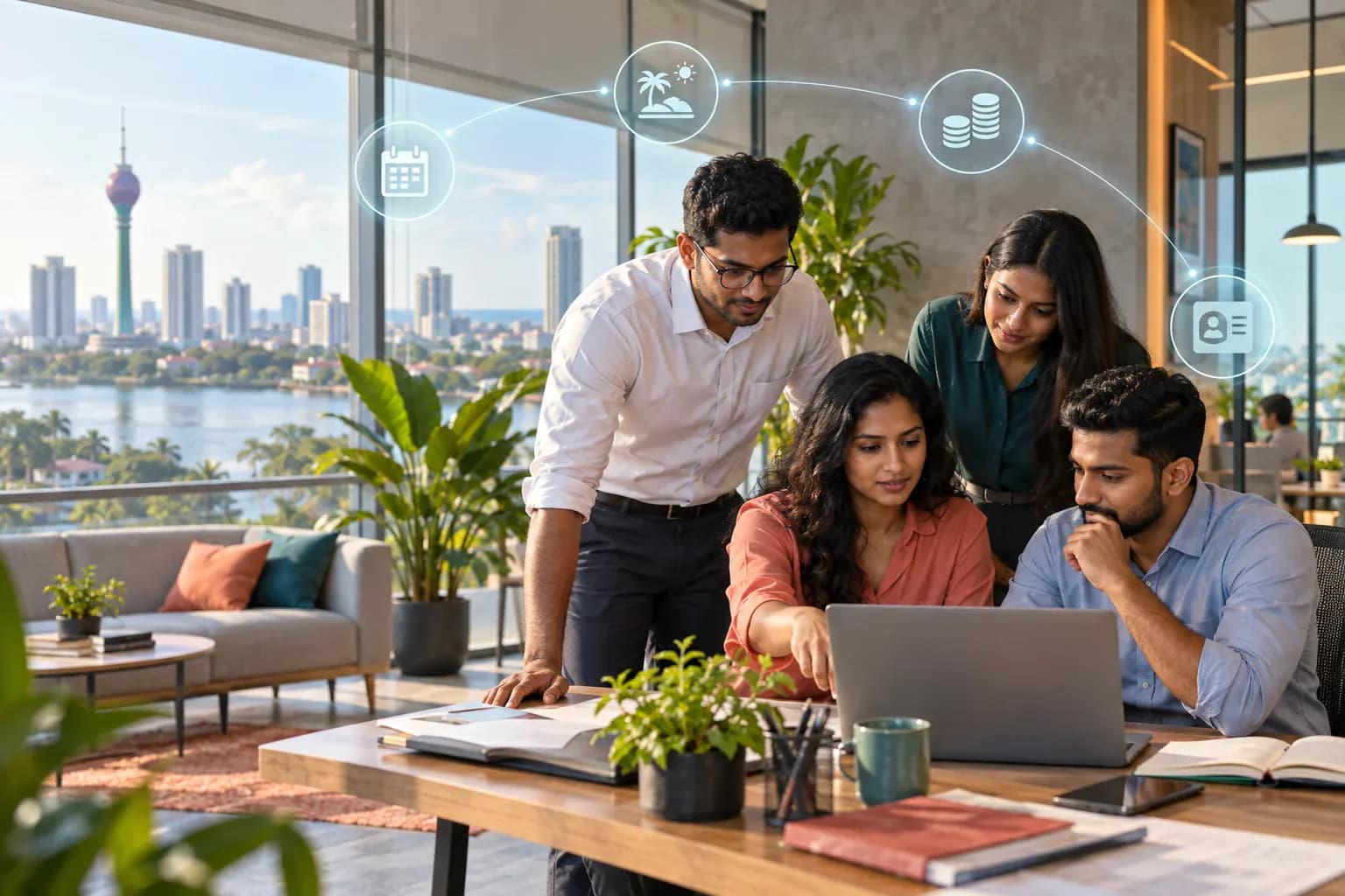 Sri Lankan office team collaborating through a connected HR system