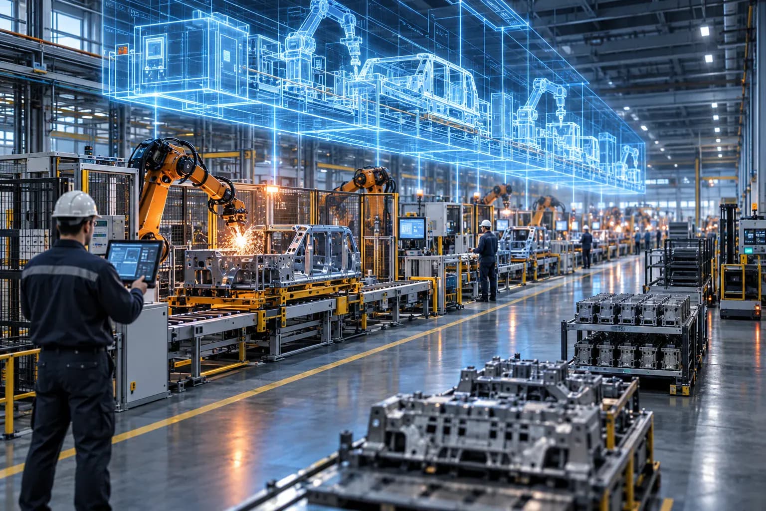 Modern manufacturing line connected to a precise digital twin