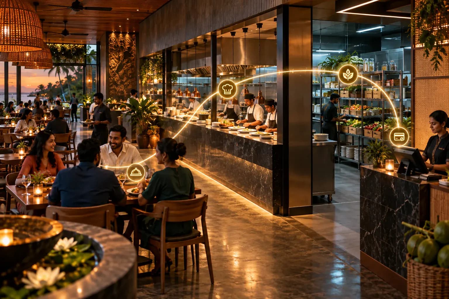 Restaurant dining, kitchen, stock and cashier connected in one service flow