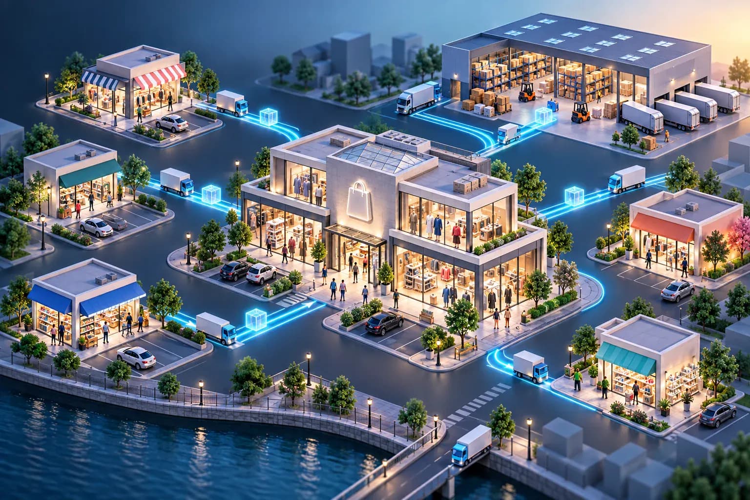 Multi-outlet retail network connected to a central warehouse