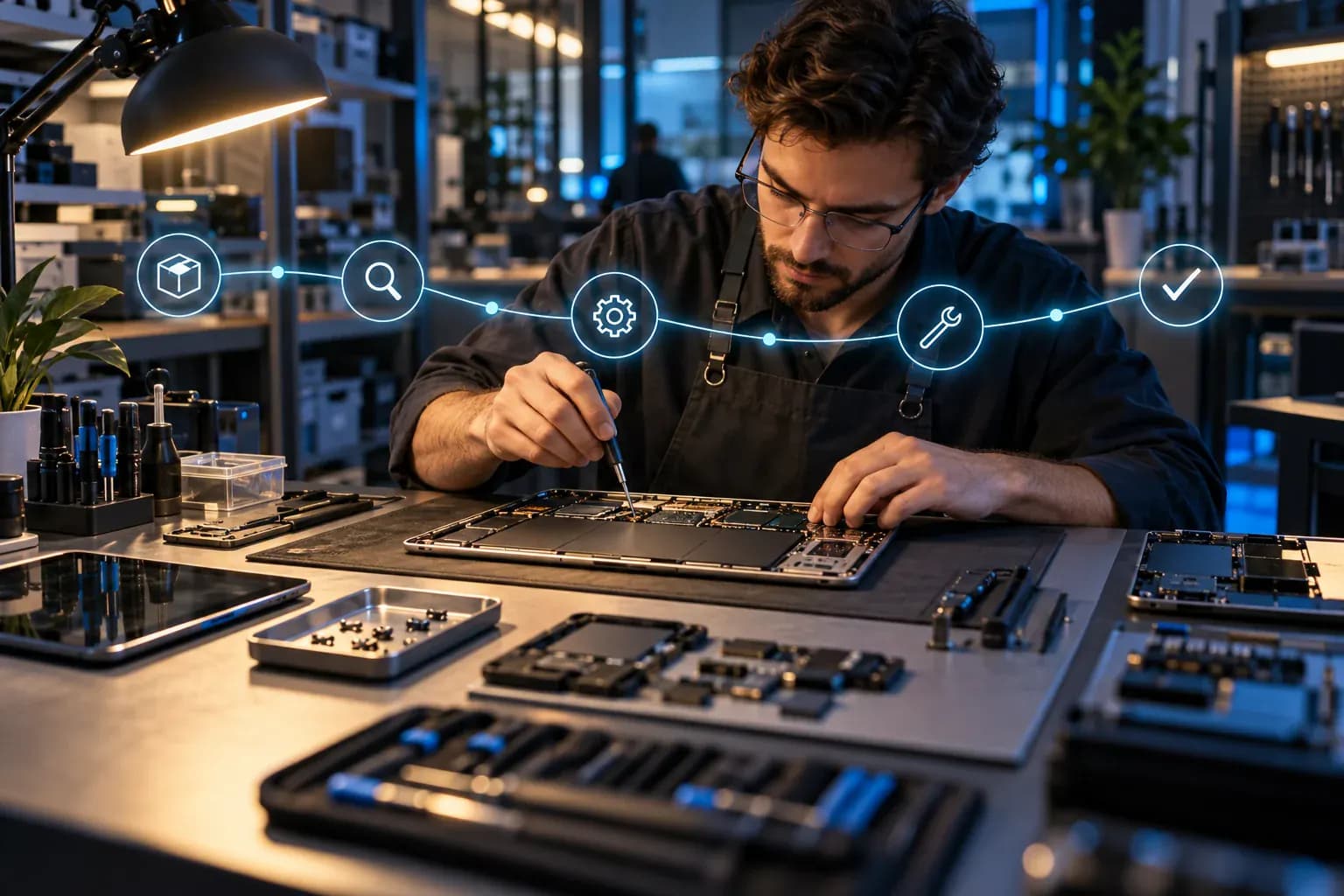 Technician following an organized repair workflow at a professional workbench