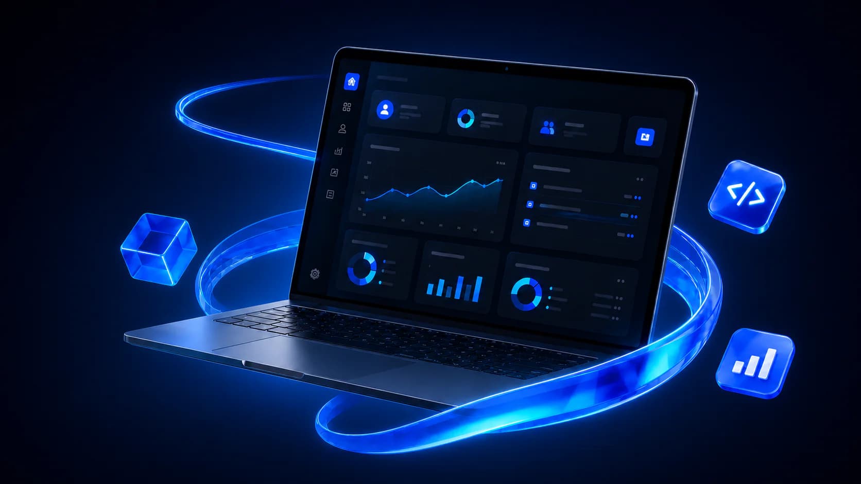Dark-mode business dashboard displayed on a futuristic laptop