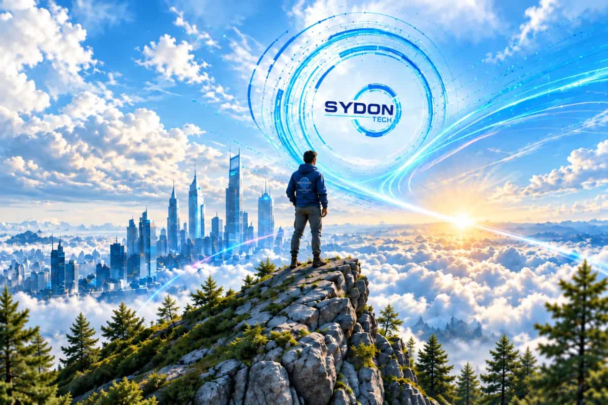A Sydon Tech explorer overlooking a futuristic city above the clouds.
