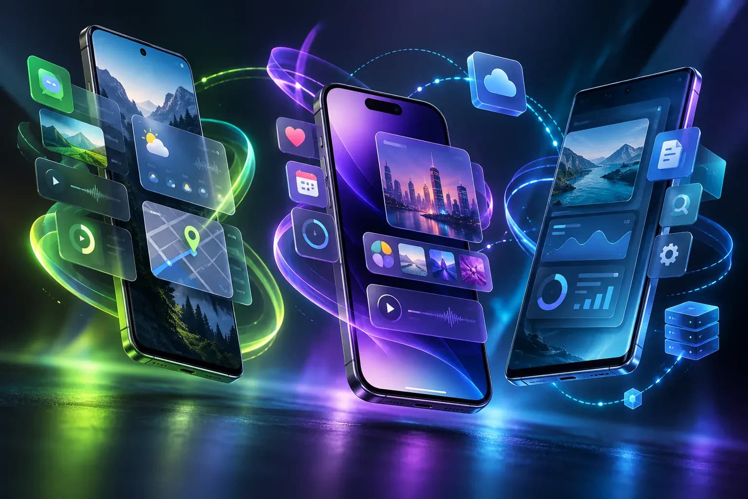 Three mobile devices surrounded by connected app interface layers